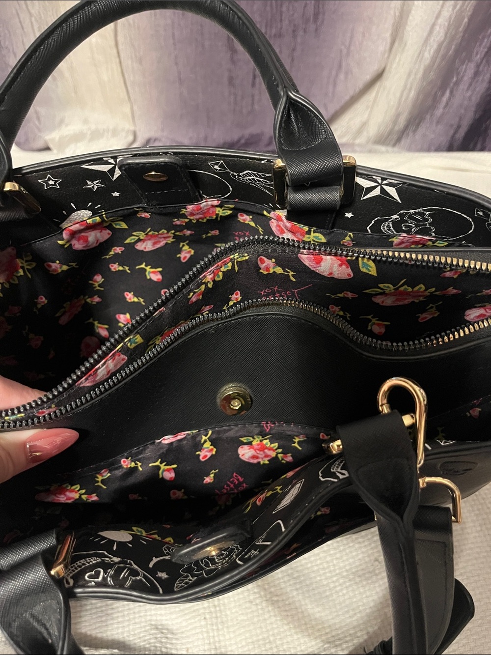 Betsey Johnson Black Satchel with Embossed Skull Pattern - Picture 3 of 5
